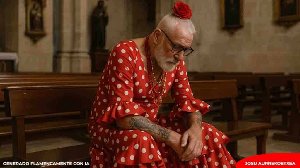 Hombre mayor con vestido de lunares en una iglesia, representando ritual y reflexión, símbolo de marca duradera