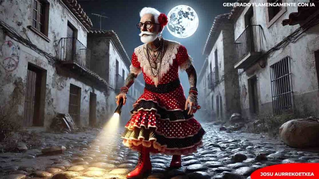 Señor mayor vestido de flamenca con linterna explorando un pueblo abandonado bajo la luna llena, metáfora visual del diseño web centrado en el usuario
