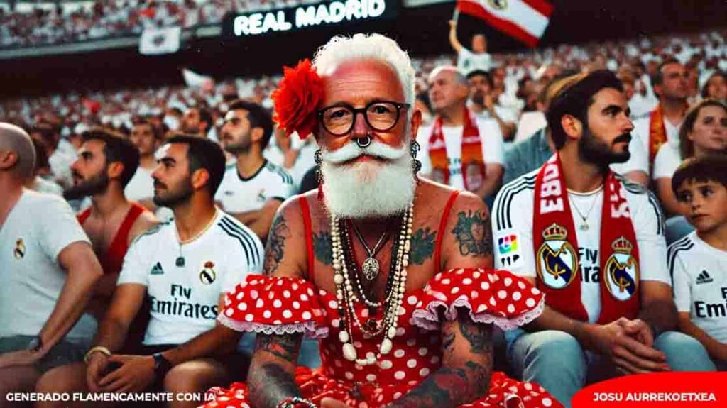 Aficionado del Real Madrid vestido de flamenca entre la multitud, ilustrando tipos de tráfico en marketing digital